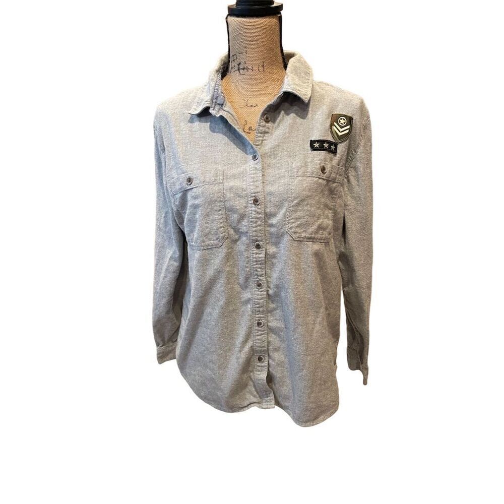 Treasure Bond Ladies Boyfriend M Gray Chambray Button-Up  Long Sleeve Casual